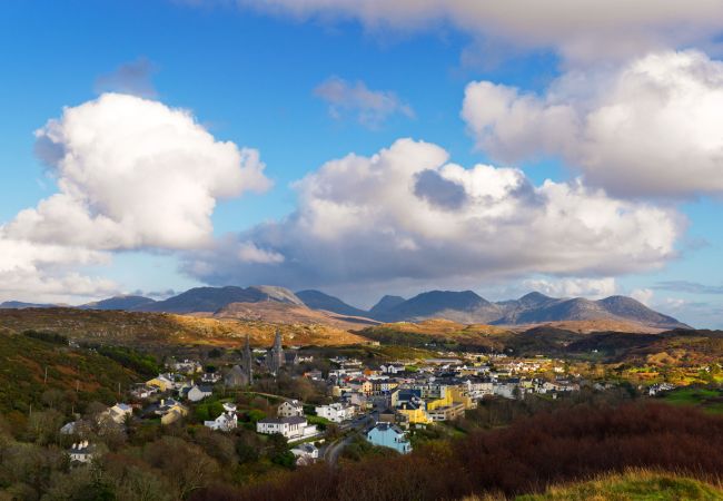 Aerial view of Clifden town and Twelve Bens Mountains