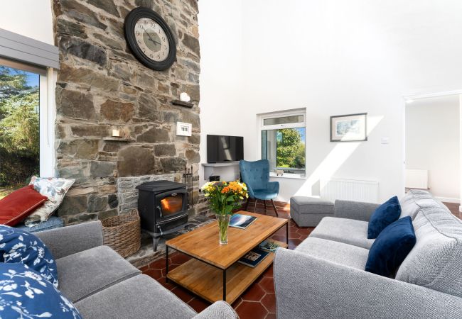 Living room and cosy fire at Clifden Countryside Holiday Home