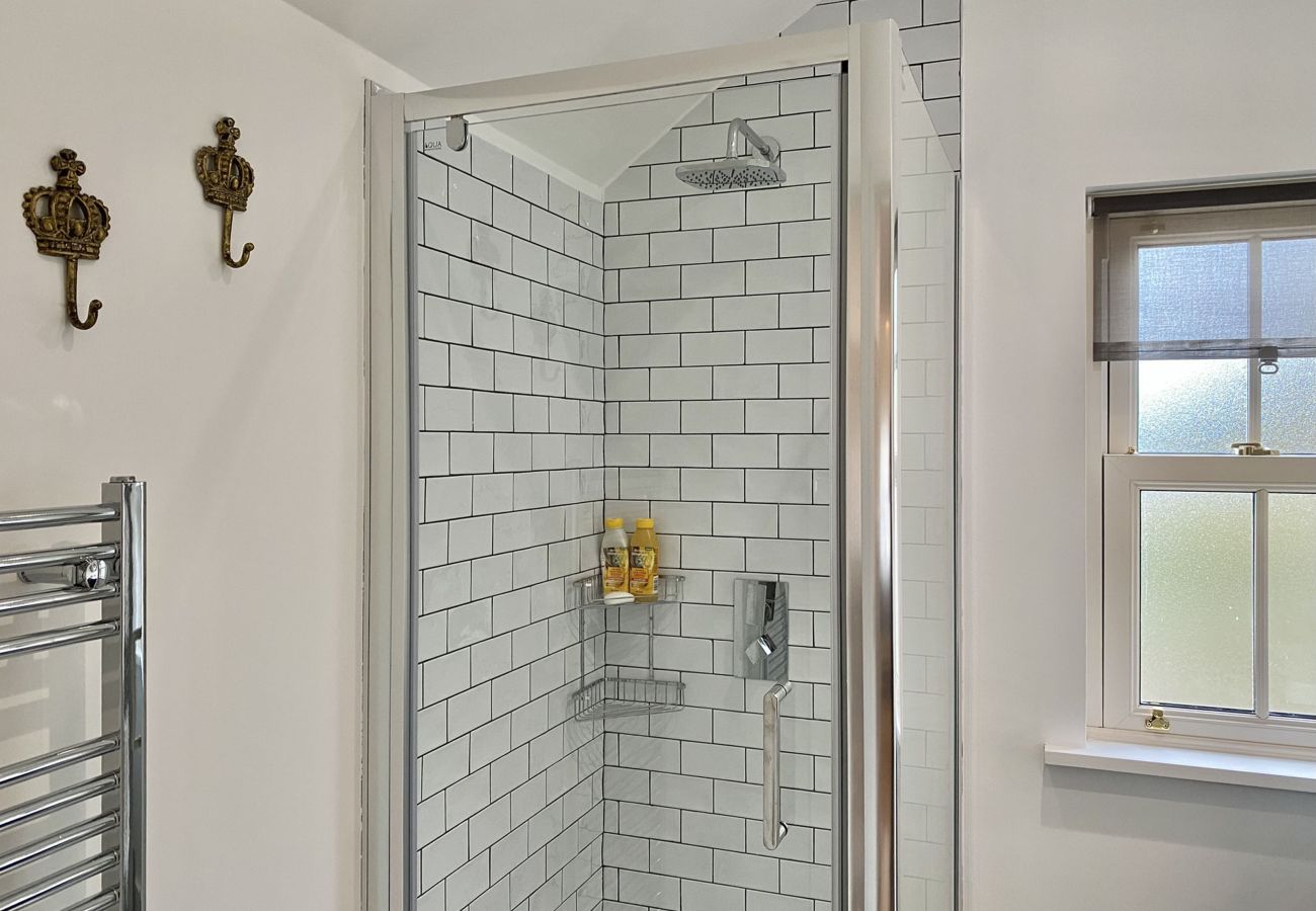 Clifden Town Townhouse. Contemporary bathroom, shower with rainfall shower head, sink and WC