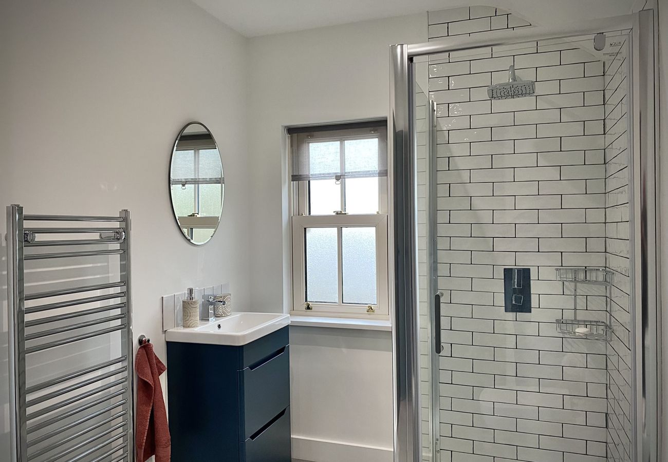 Clifden Town Townhouse. Contemporary bathroom, shower with rainfall shower head, sink and WC