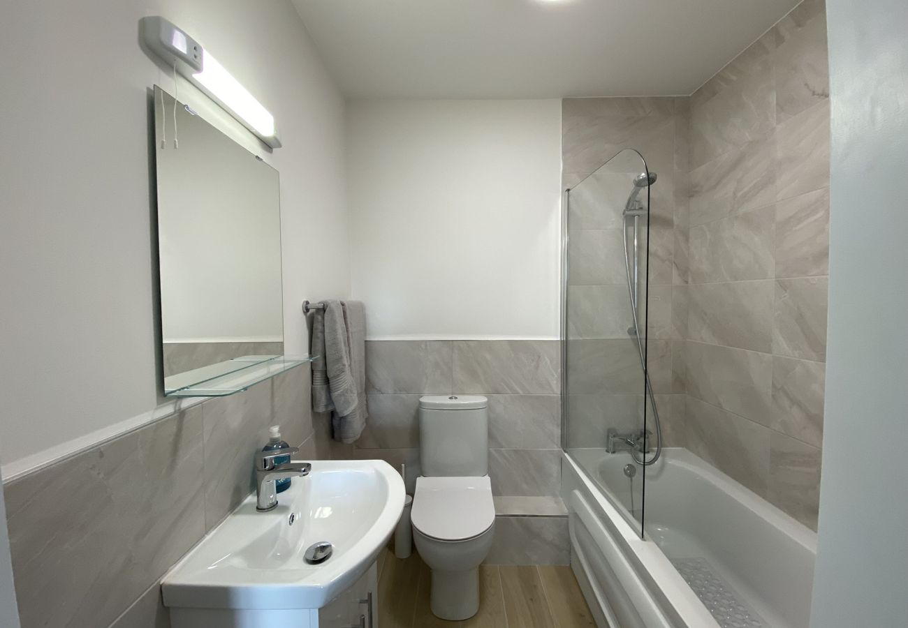 Clifden Town Holiday Apartment.  Bathroom Modern, sink WC tiled contemporary design. Bath with shower.