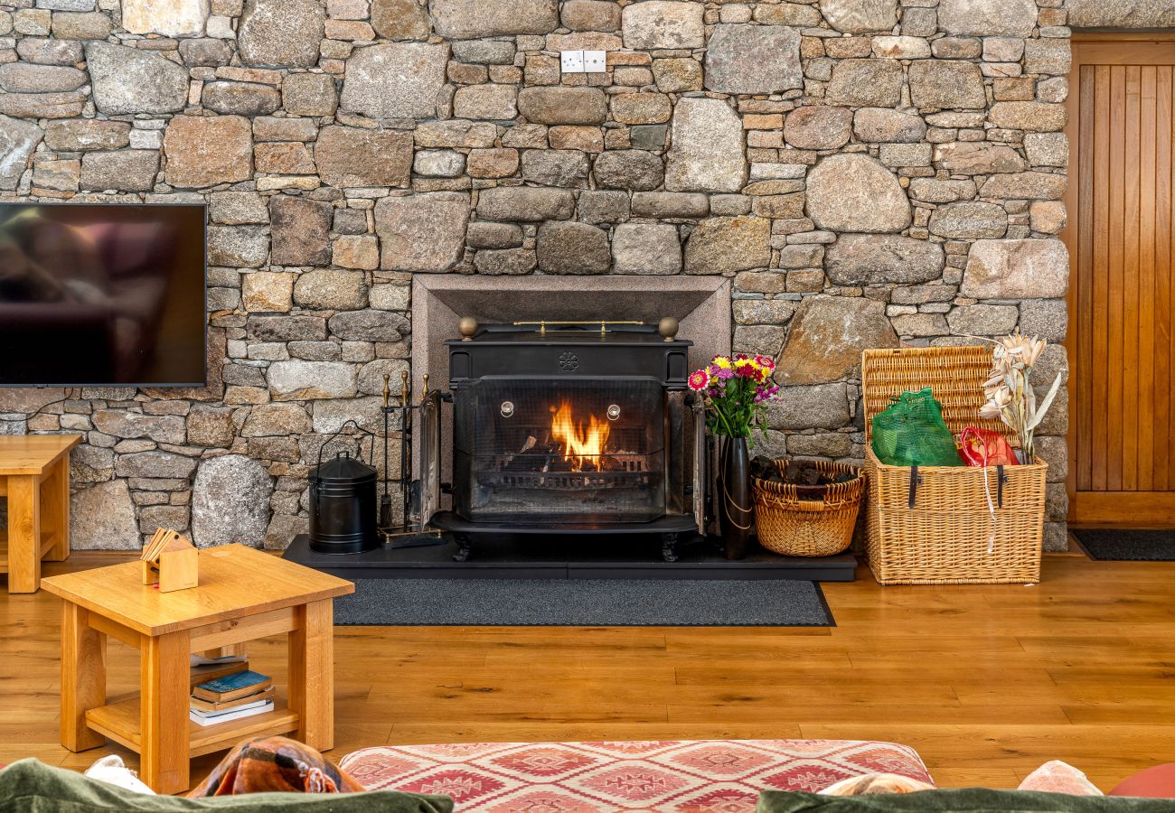 Ocean View Holiday Home. Living room with open fire and smart TV. 