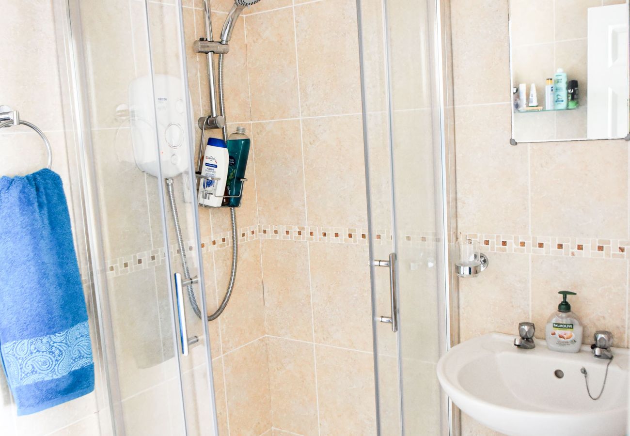 Skellig Fuchsia Lodge Ballinskelligs. Walk in shower with sink. 
