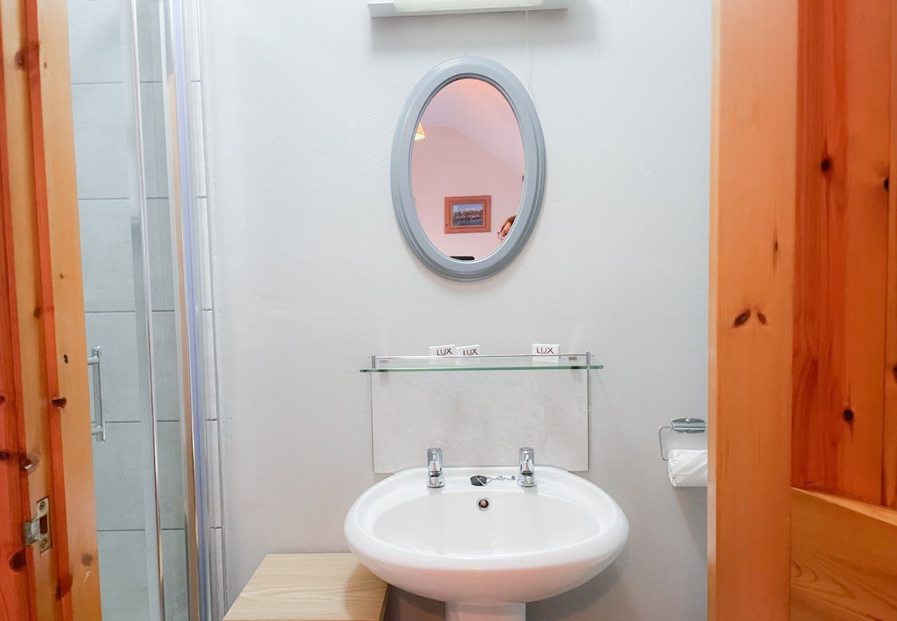 Tuskar Holiday Cottage, Mill Road Farm. Bathroom sink and shower. 