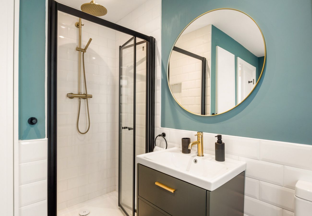 Clifden Boutique Apartment. Bathroom, walk in shower, sink mirror. High quality design.