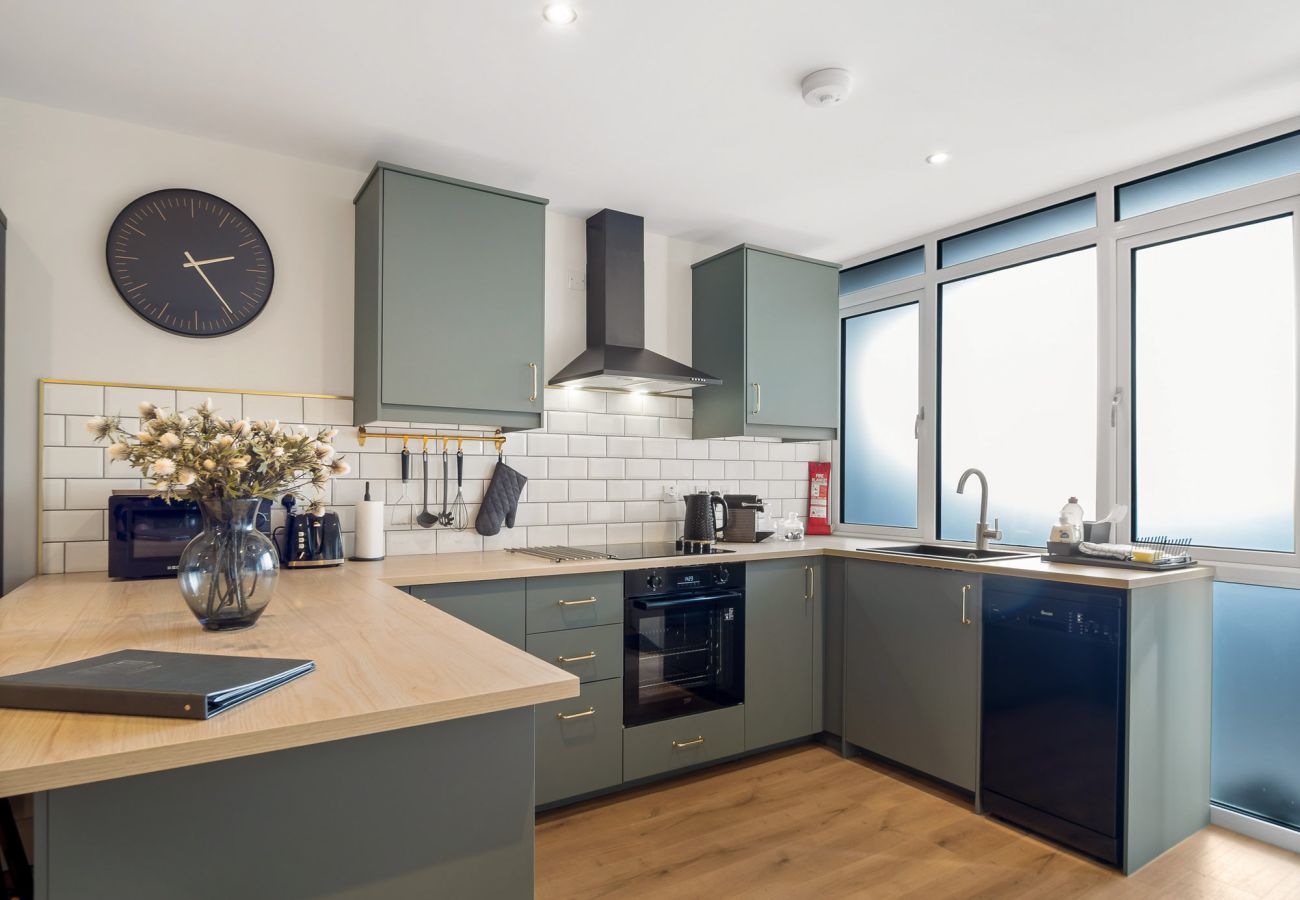 Town Centre Studio Clifden. Open plan small modern kitchen, windows, natural light. 